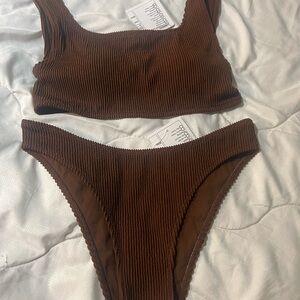 Brown Ribbed Bikini Set